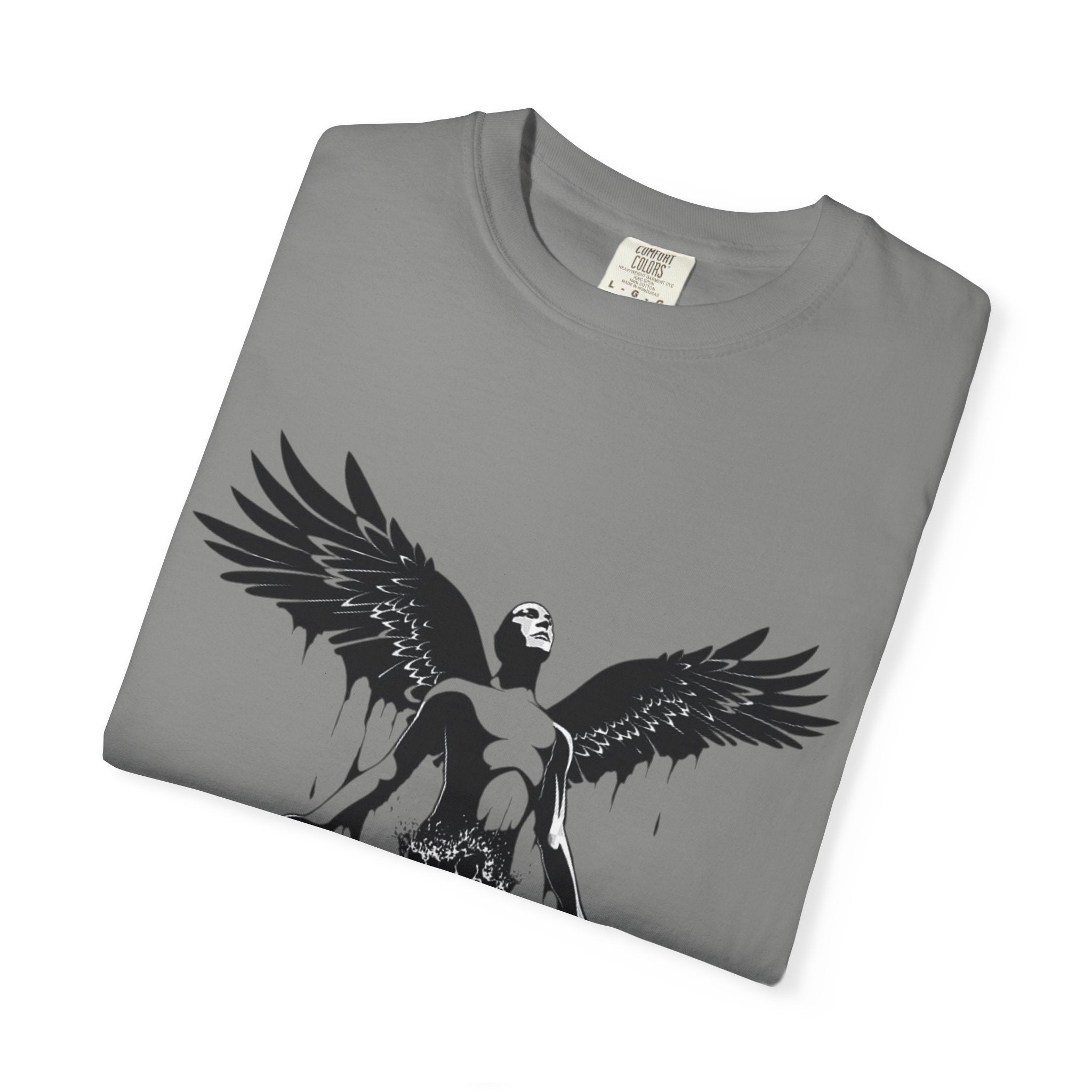 Fallen Angel Graphic T-Shirt — Gothic Winged Figure Tee