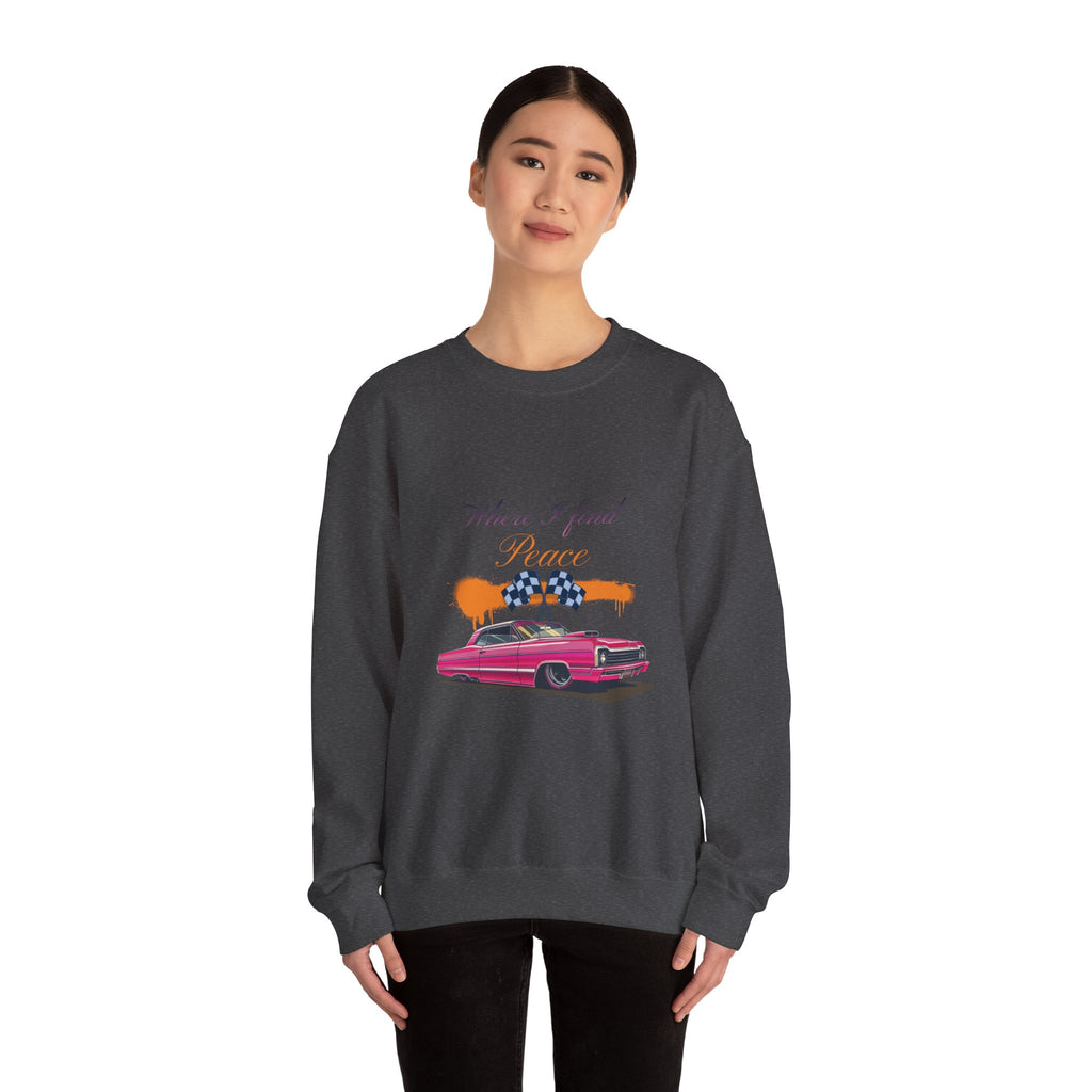 Crewneck Sweatshirt — 'Where I Find Peace' Vintage Pink Car Graphic