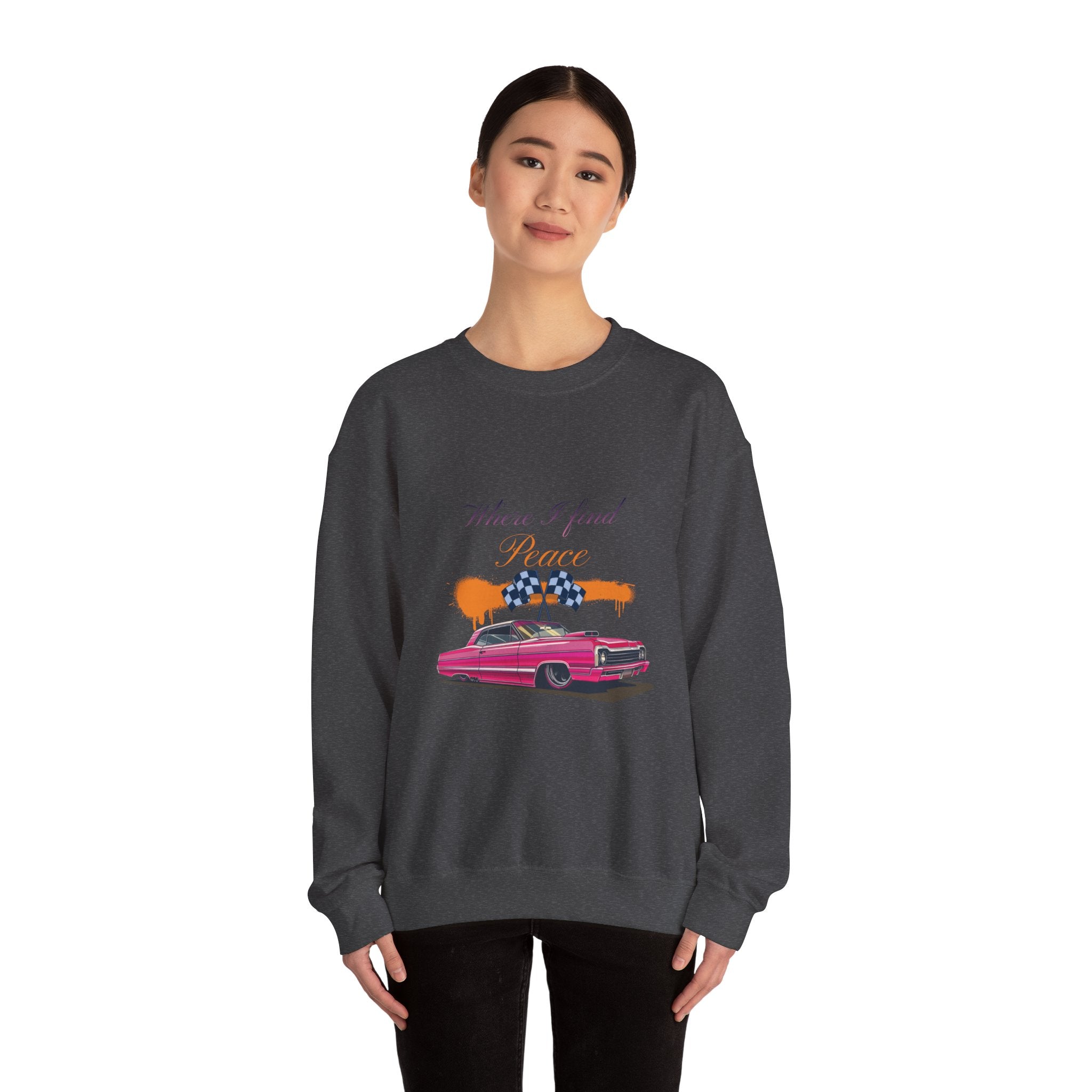 Crewneck Sweatshirt — 'Where I Find Peace' Vintage Pink Car Graphic