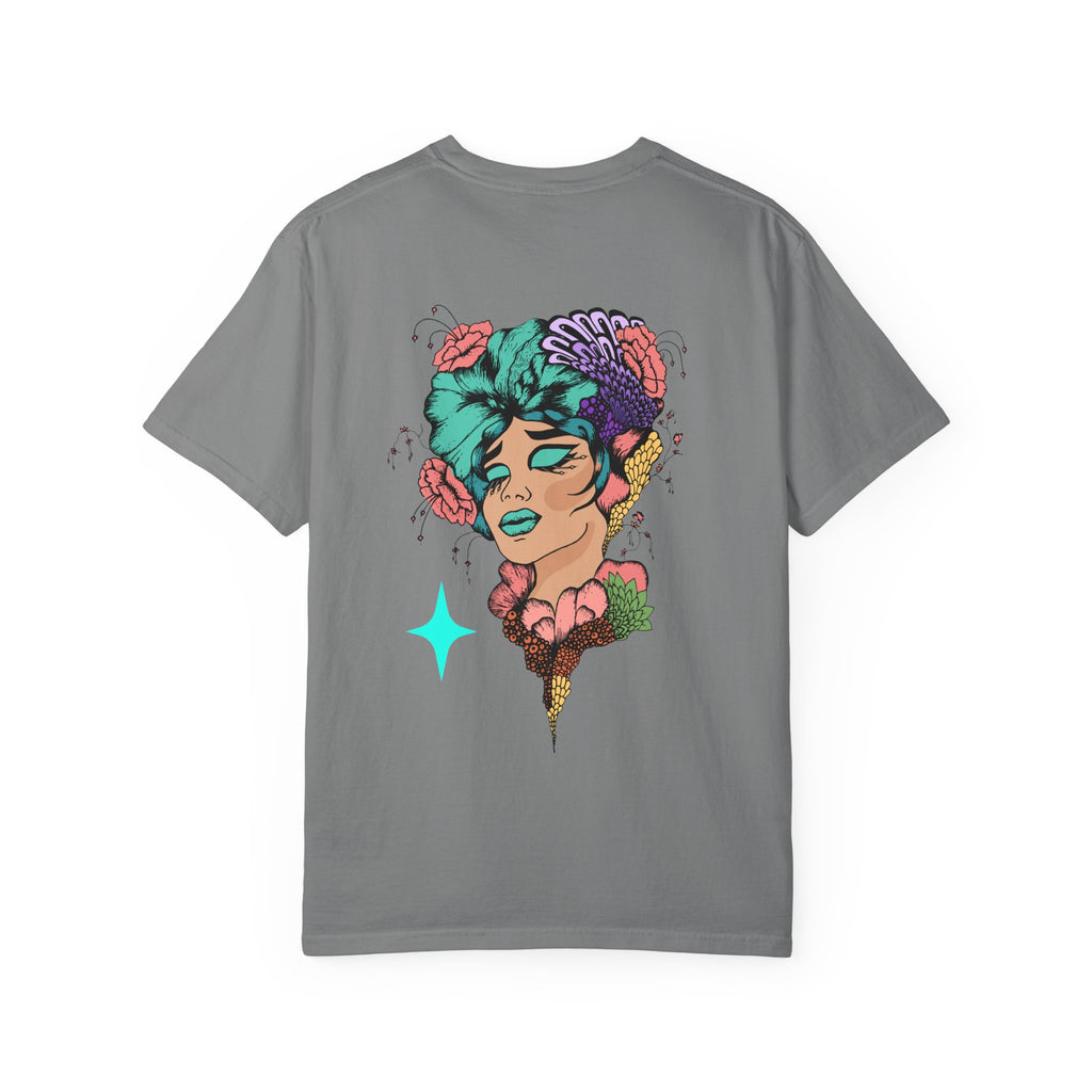 Artistic Floral Portrait T‑Shirt — Surreal Woman with Flowers Graphic