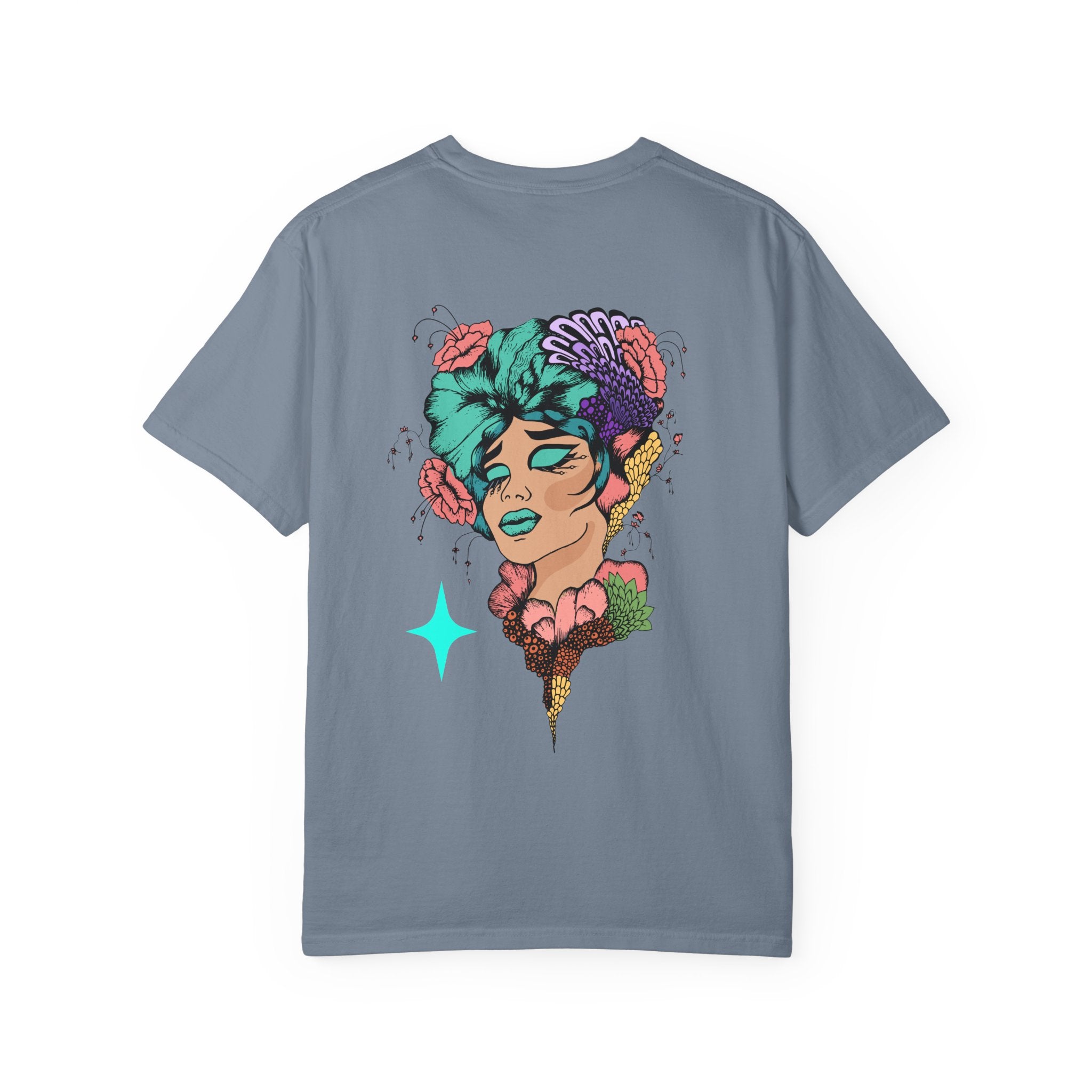 Artistic Floral Portrait T‑Shirt — Surreal Woman with Flowers Graphic