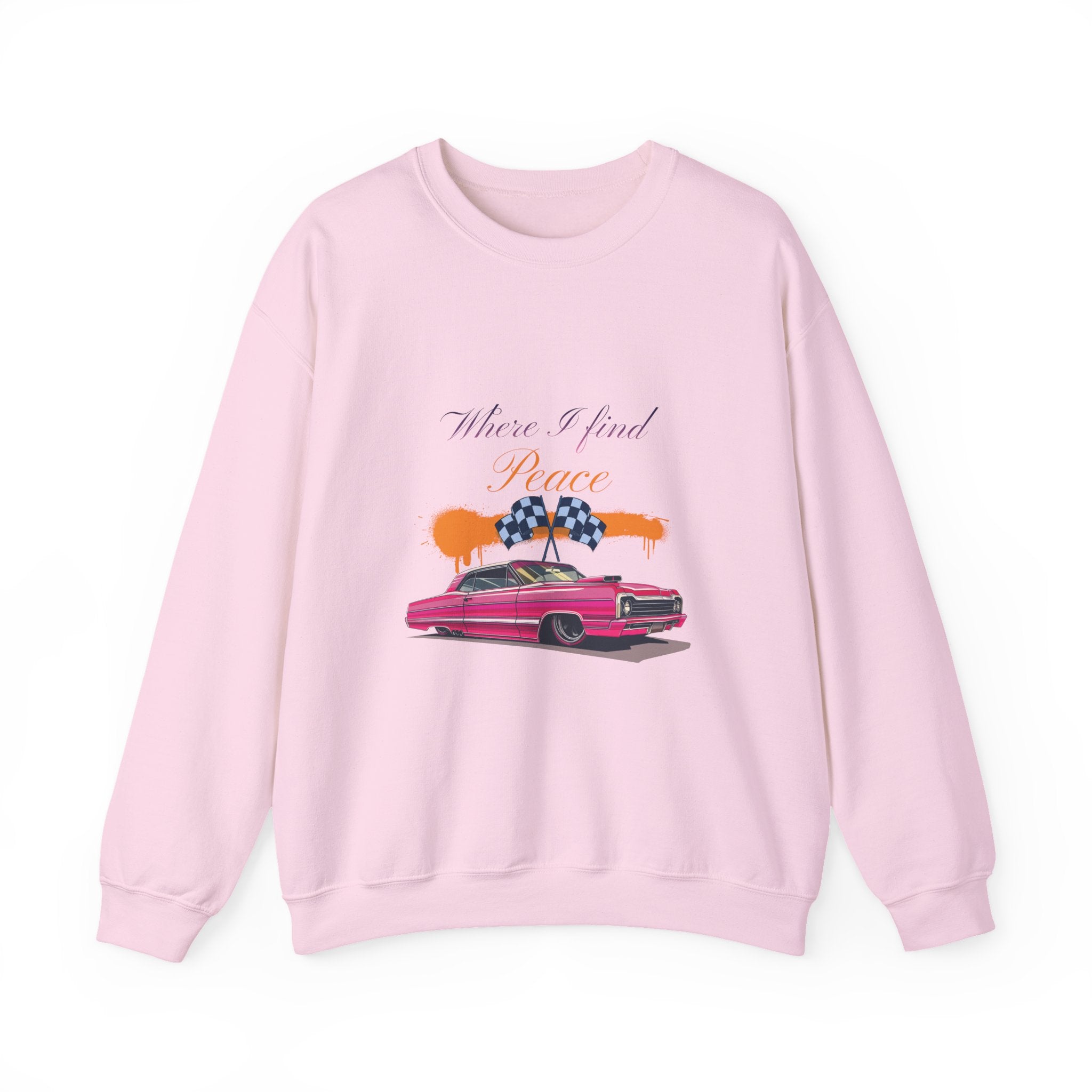 Crewneck Sweatshirt — 'Where I Find Peace' Vintage Pink Car Graphic