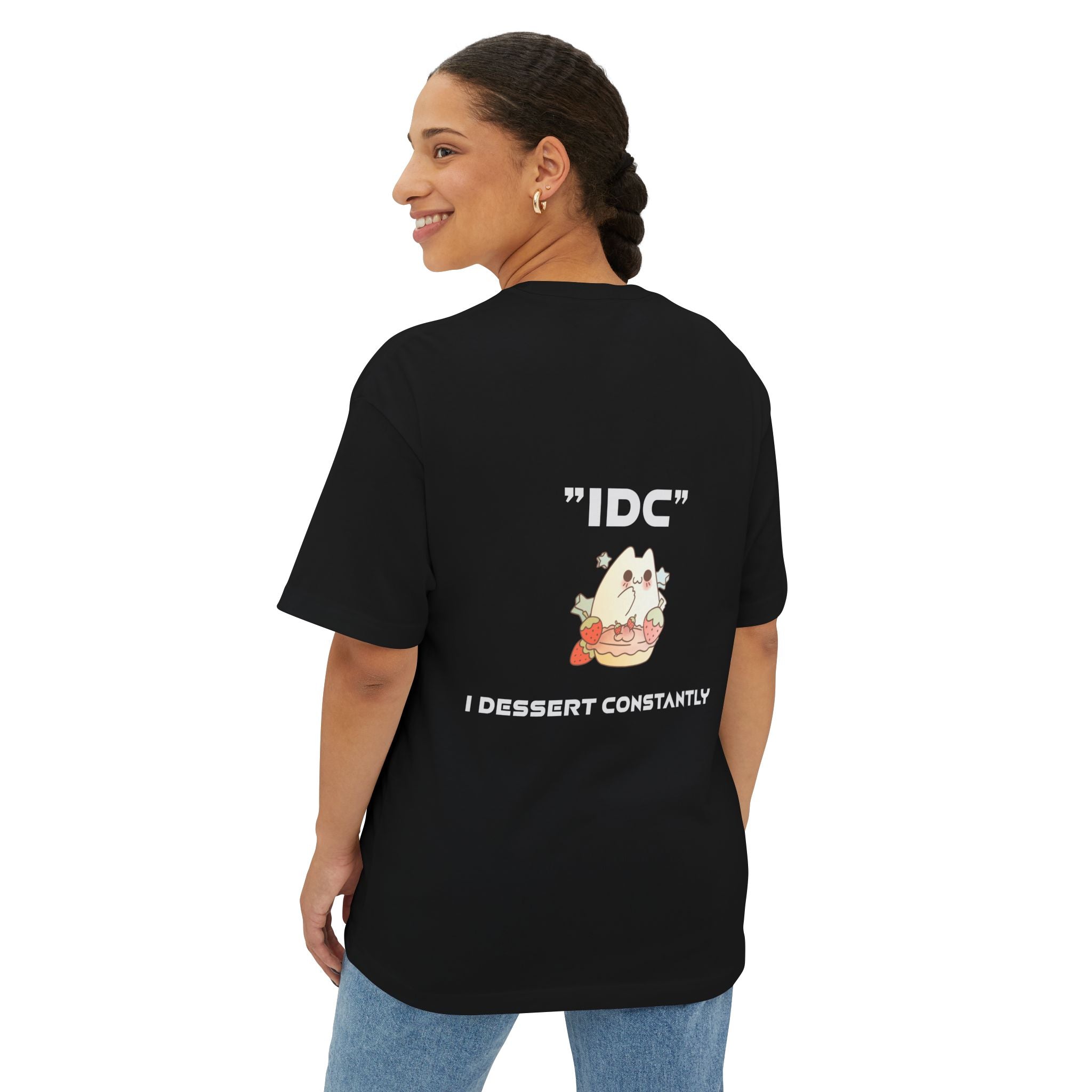 Boxy Tee — Cute 'IDC' Cat Burger Graphic T‑Shirt