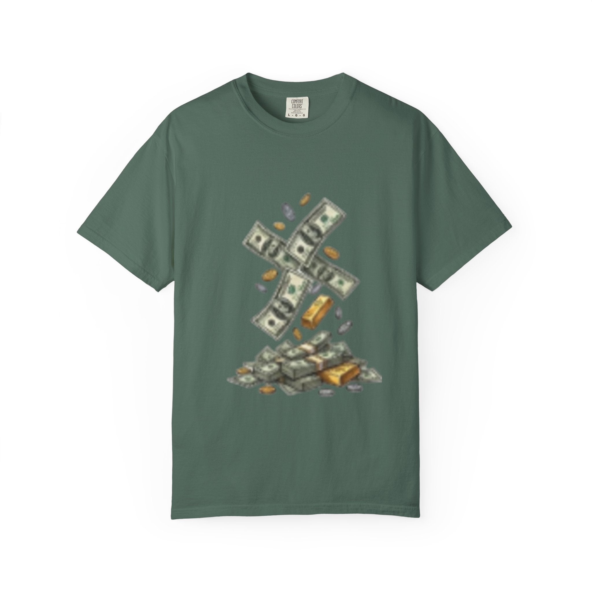 Money Rain T-Shirt — Stacked Cash & Coins Graphic Tee