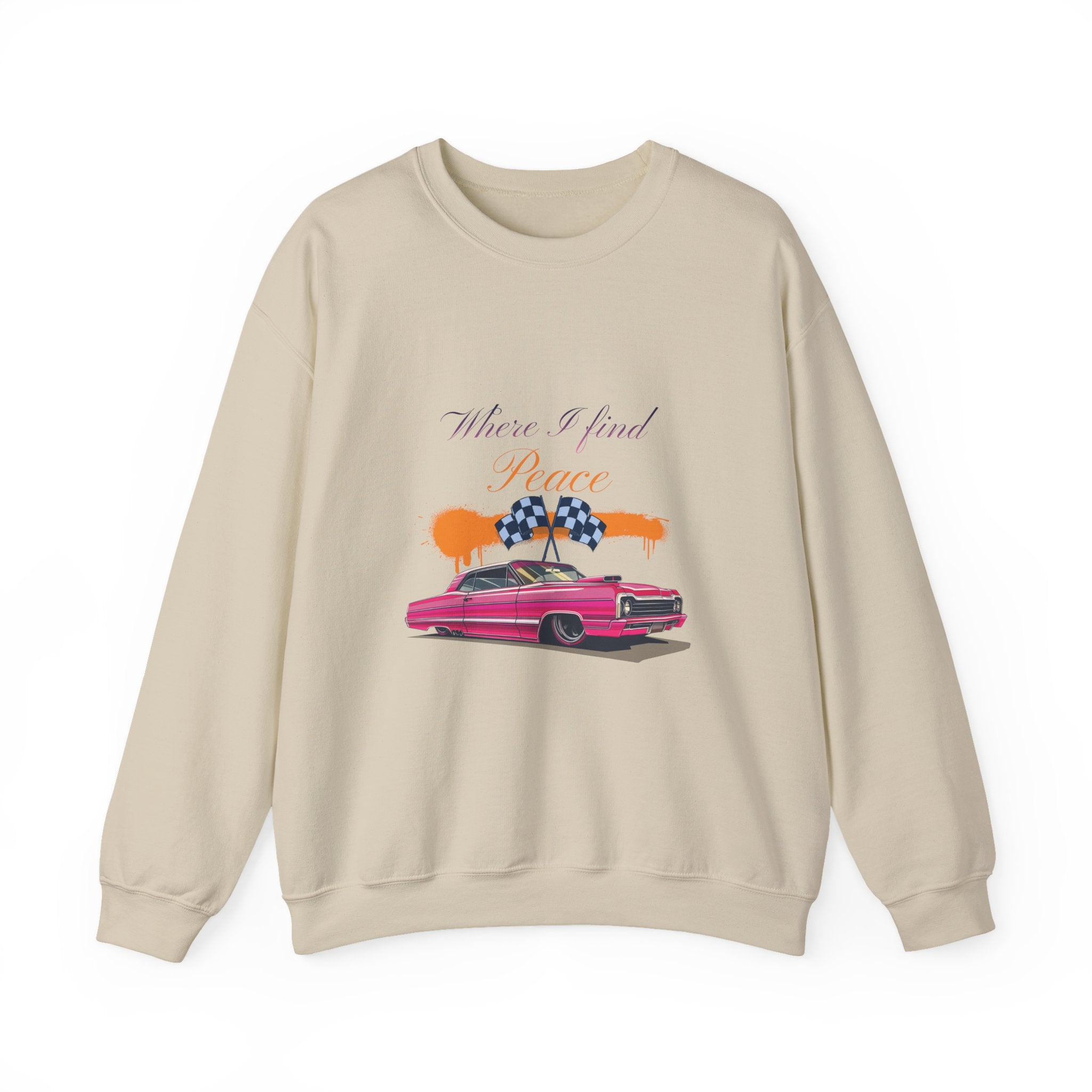 Crewneck Sweatshirt — 'Where I Find Peace' Vintage Pink Car Graphic