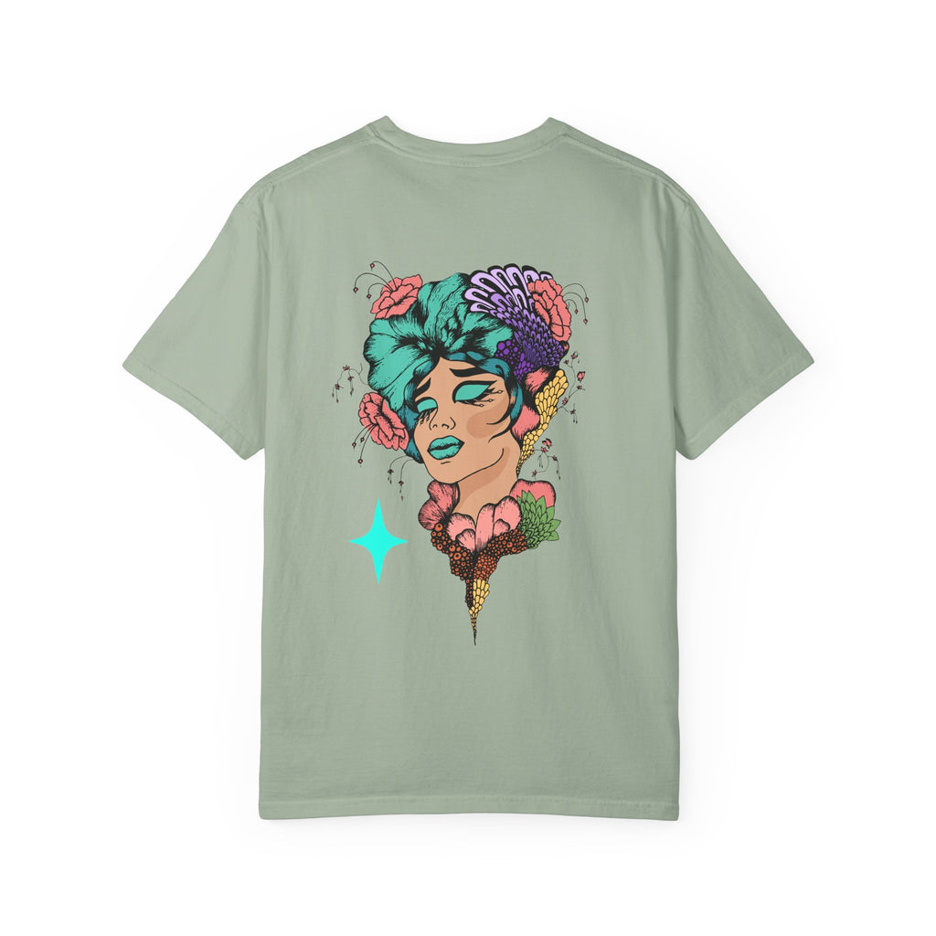 Artistic Floral Portrait T‑Shirt — Surreal Woman with Flowers Graphic